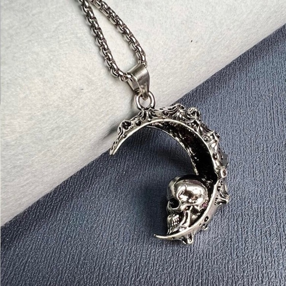 “Skull on the Moon” Regolith Lunar Crater Crescent Celestial Goth Steel Necklace - Picture 15 of 16